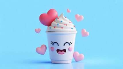 Delightful cup with a happy face and hearts creating a fun, loving, whimsical feeling