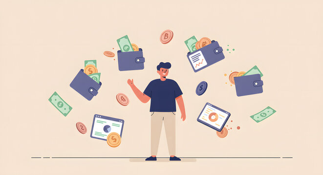 Cartoon man surrounded by floating wallets, coins, cash, and digital interfaces symbolizing financial success and modern money management in the - Powered by Adobe