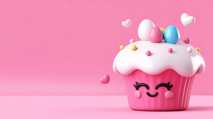 Adorable pink cupcake with whimsical eggs and hearts, perfect for Easter treats and delightful celebrations