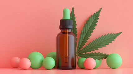 Modern CBD oil bottle with cannabis leaf and pastel spheres, natural wellness and relaxation, calm