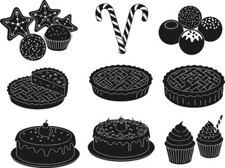 Dessert silhouette set, cakes, cupcakes, pies, candy, cookies, chocolate truffles, sweet bakery vector illustration, black and white design, pastries, festive food, treats