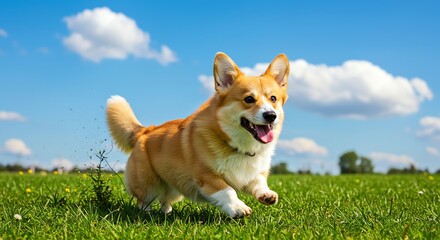 Corgi running in grassy field under blue sky