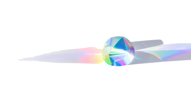 Crystal Prism Refracting Light with Rainbow Shadow on White.