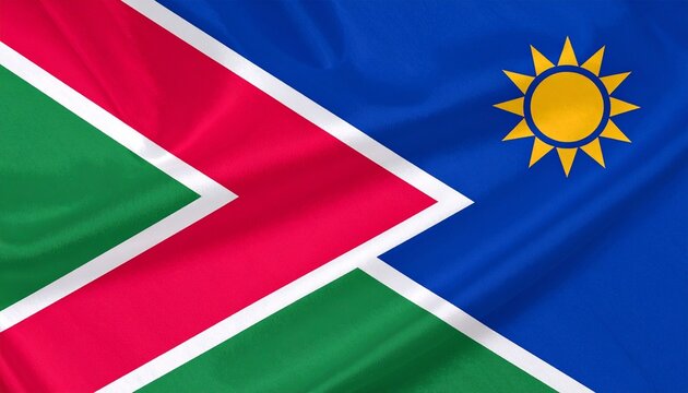 Namibia flag with blue and green triangles, red diagonal band, and golden sun.