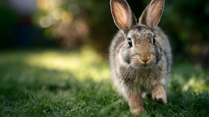 Fototapeta premium Curious rabbit hopping on lush green grass in natural sunlight