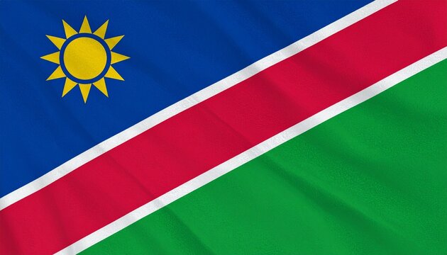 Namibia flag with blue and green triangles, red diagonal band, and golden sun.
