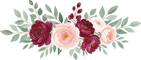 Watercolor floral arrangement with burgundy and blush pink roses and sage green leaves.