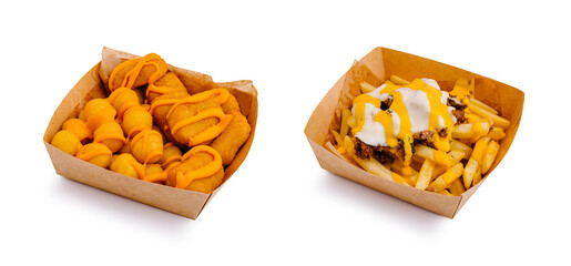 Delicious cheese snacks and loaded fries served in takeout containers