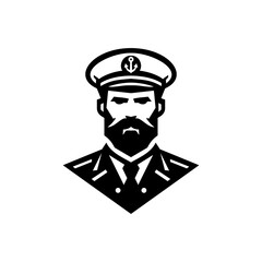 Black and white vector illustration of a stern sea captain with beard, wearing a naval uniform and peaked cap featuring an anchor symbol
