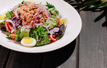 Fresh salad with tuna, vegetables, and boiled eggs on a wooden table