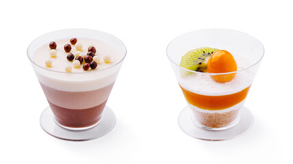 Delicious layered desserts displayed on a white background