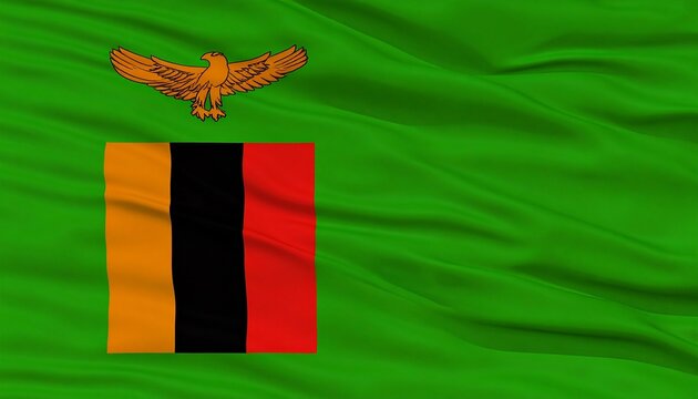 Zambia flag with green field, red-black-orange stripes, and flying orange eagle. - Powered by Adobe