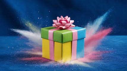 Colorful gift with a pink bow amid vibrant swirling dust creating festive celebration vibes