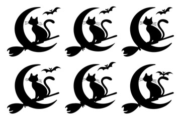 Halloween Black Cat on Crescent Moon with Bats Silhouette Vector Set