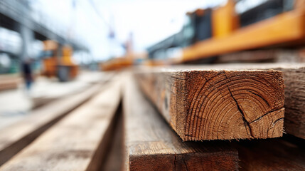 Stack of wooden planks with visible tree rings at a construction site.