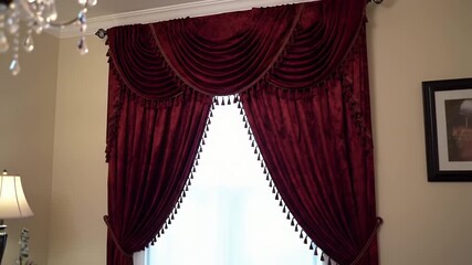 Elegant Red Velvet Curtains with Tassels and White Trim for Window Decoration - Powered by Adobe