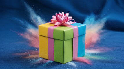 Colorful gift box with pink ribbon, a perfect present for celebrations and special occasions, holidays