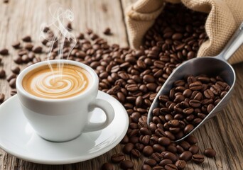 Obraz premium Steaming Cappuccino in White Cup Surrounded by Coffee Beans on Wooden Surface