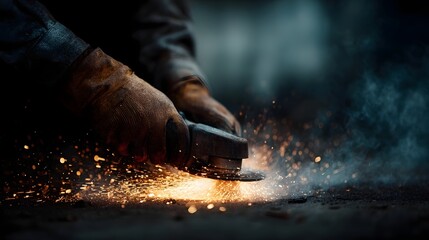 Worker using electric angle grinder sparks flying during intense cutting scene