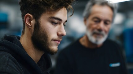 Apprentice learning from experienced technician in a workshop setting