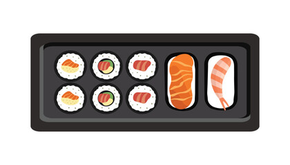 Sushi Platter with Maki Rolls, Nigiri, and Shrimp. Asian cuisine. Sushi and sashimi. Japanese dish.