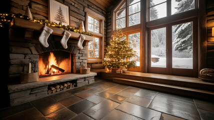 Cozy Christmas cabin interior with glowing fireplace and decorated tree welcomes the holidays with warmth