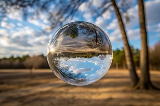 Transparent sphere reflecting inverted forest and sky with sun glass ball crystal ball - Powered by Adobe
