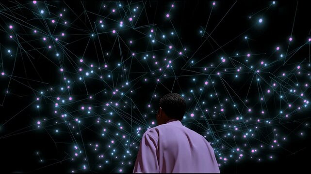 A person exploring a surreal digital space filled with glowing stars, representing curiosity and discovery in science.
