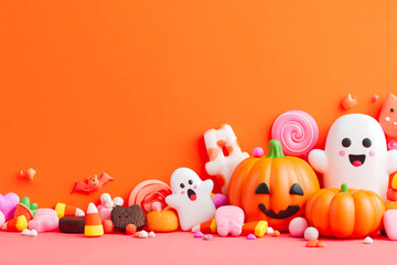 Festive Halloween Border with Pumpkins Ghosts Bats and Spooky Treats