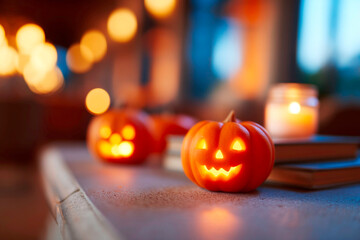 Glowing Carved Pumpkins with Candles on Old Books in a Library