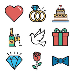 Wedding icons showcase celebration elements arrangement isolated