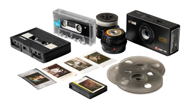 Collection of vintage camera, cassette tapes, and film isolated on transparent background