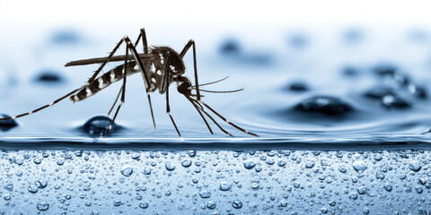 Asian tiger mosquito drinking on water surface with air bubbles