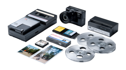 Assortment of vintage camera, cassette tapes, and film isolated on transparent background