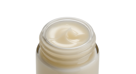 Open jar of beige moisturizing cream isolated on white background, perfect for skincare and beauty products