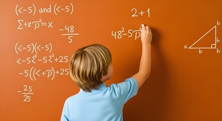A young student is solving math equations on a chalkboard, learning and studying.