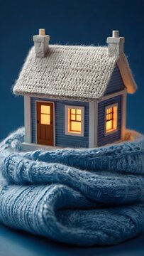 conceptual illustration of a winterized home kept warm with a scarf, representing protection, comfort, and energy-saving heating solutions.
