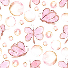 Delicate pink-brown butterfly and soap bubbles seamless pattern. Gentle Watercolor illustration in romantic style. Background wallpaper For holiday design, print, decoration