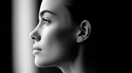 Black and white portrait of a woman’s face in profile in artistic expression.