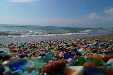 Colorful glass pebbles on a beach, waves in the distance