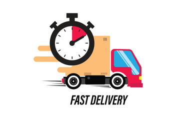 Online delivery service. Express delivery, quick move. Fast shipping truck for apps and websites. Shipping fast delivery truck with clock. 