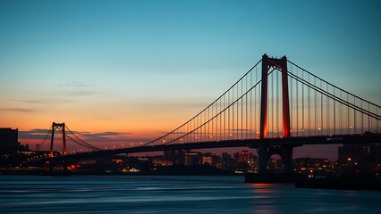 Fototapeta premium Silhouetted suspension bridge at dusk with city lights
