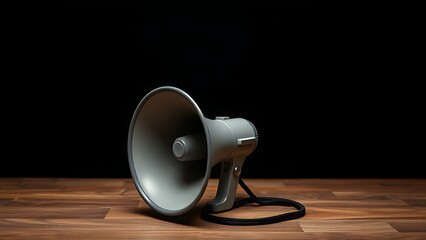 Megaphone placed on a wooden surface against a dark background.