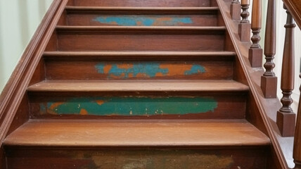 Rustic wooden staircase shows peeling paint, revealing rich history and vintage charm for home improvement
