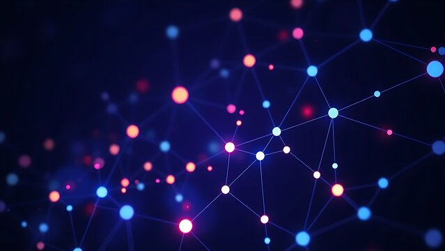 Abstract data visualization with glowing nodes, illustrating connectivity on a dark gradient background.
