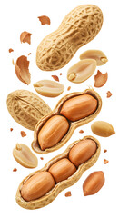 Raw peanuts with shells and kernels isolated on white background, healthy protein snack ingredient