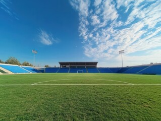 Empty soccer stadium under a clear blue sky