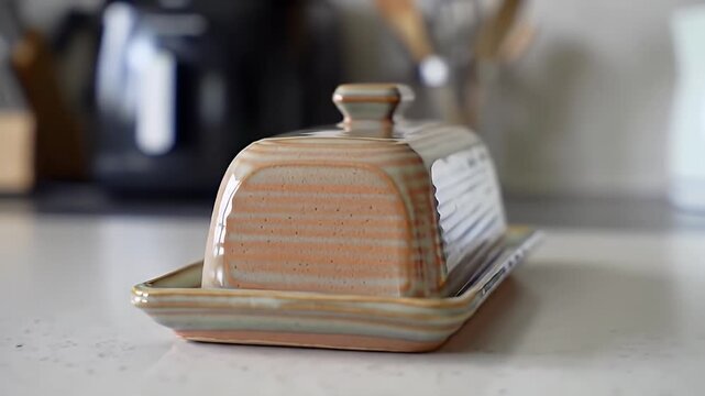Ceramic Butter Dish with Striped Design on a Beige Countertop in Kitchen Setting