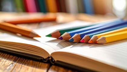 An open book with colorful pencils placed on it, creates an atmosphere of learning, creativity, or back to school