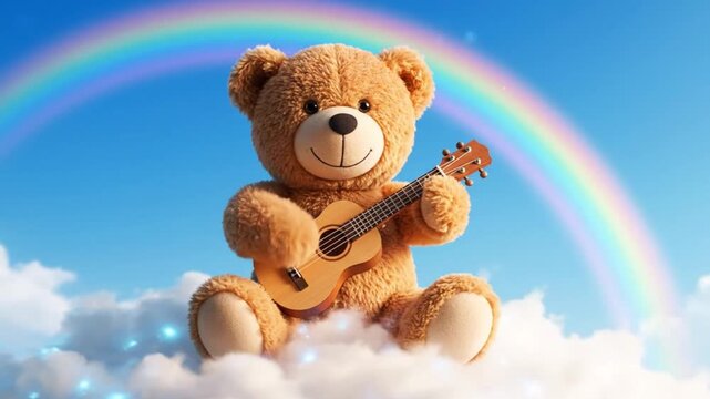 cute teddy bear playing ukulele on clouds with rainbow